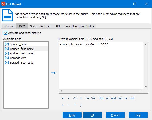 This image shows the Edit Report dialog with the Filters tab selected.  A filter for category ID was entered.